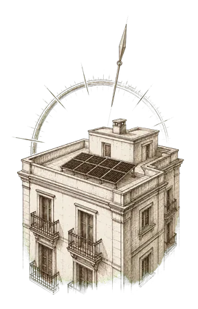 Ilustración lineal de un edificio residencial con paneles solares y una brújula que orienta el proyecto.