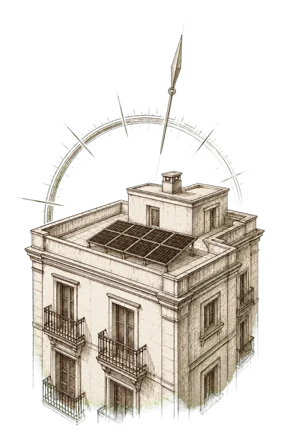 Ilustración lineal de un edificio residencial con paneles solares y una brújula que orienta el proyecto.