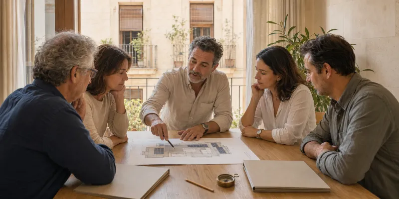 Administrador de fincas y propietarios revisan juntos un plano de cubierta para un proyecto de autoconsumo colectivo.