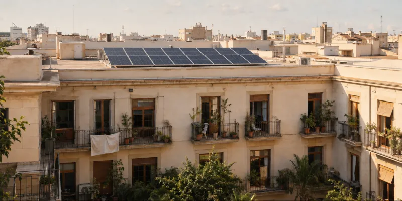 Edificio residencial mediterráneo con una instalación solar compartida en la cubierta.