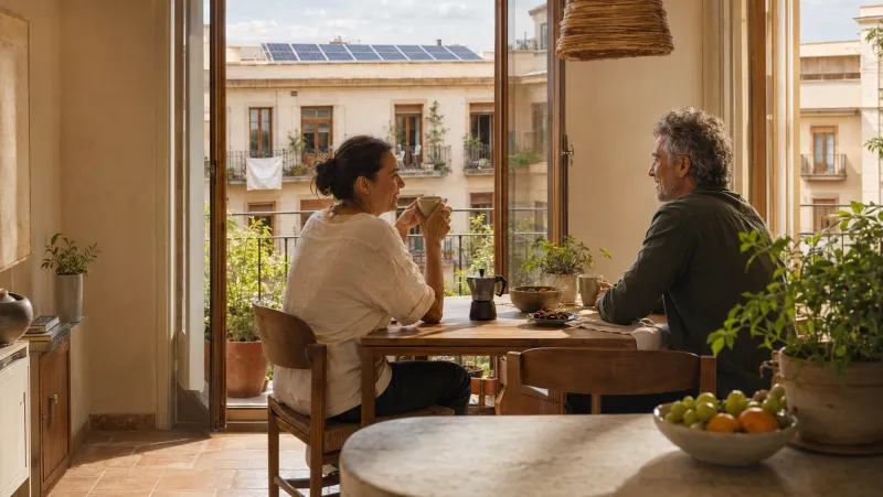 Dos vecinos conversan en una vivienda mediterránea con paneles solares visibles en el edificio de enfrente.