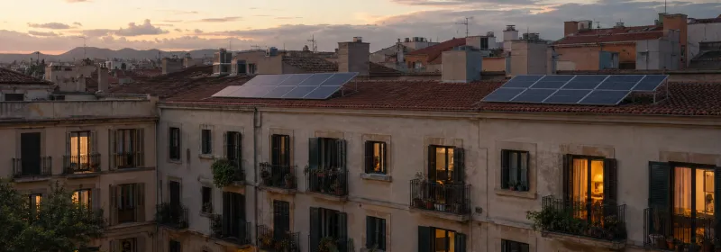 Edificios residenciales con paneles solares al atardecer y viviendas iluminadas.