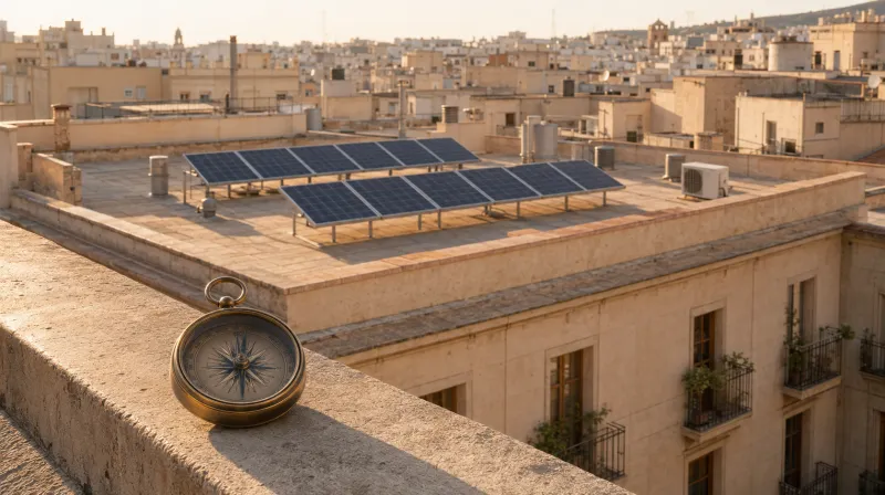 Brújula de latón sobre una cubierta mediterránea con una instalación solar residencial al fondo.