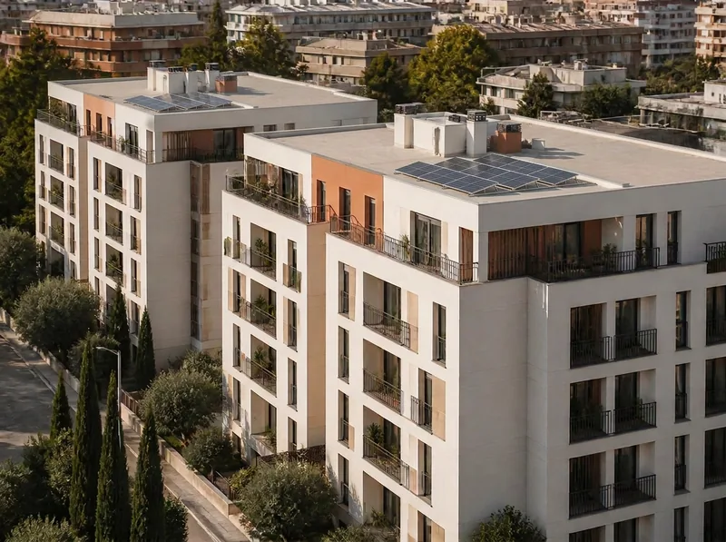 Edificio residencial en la Comunidad Valenciana con instalación solar discreta en cubierta compartida